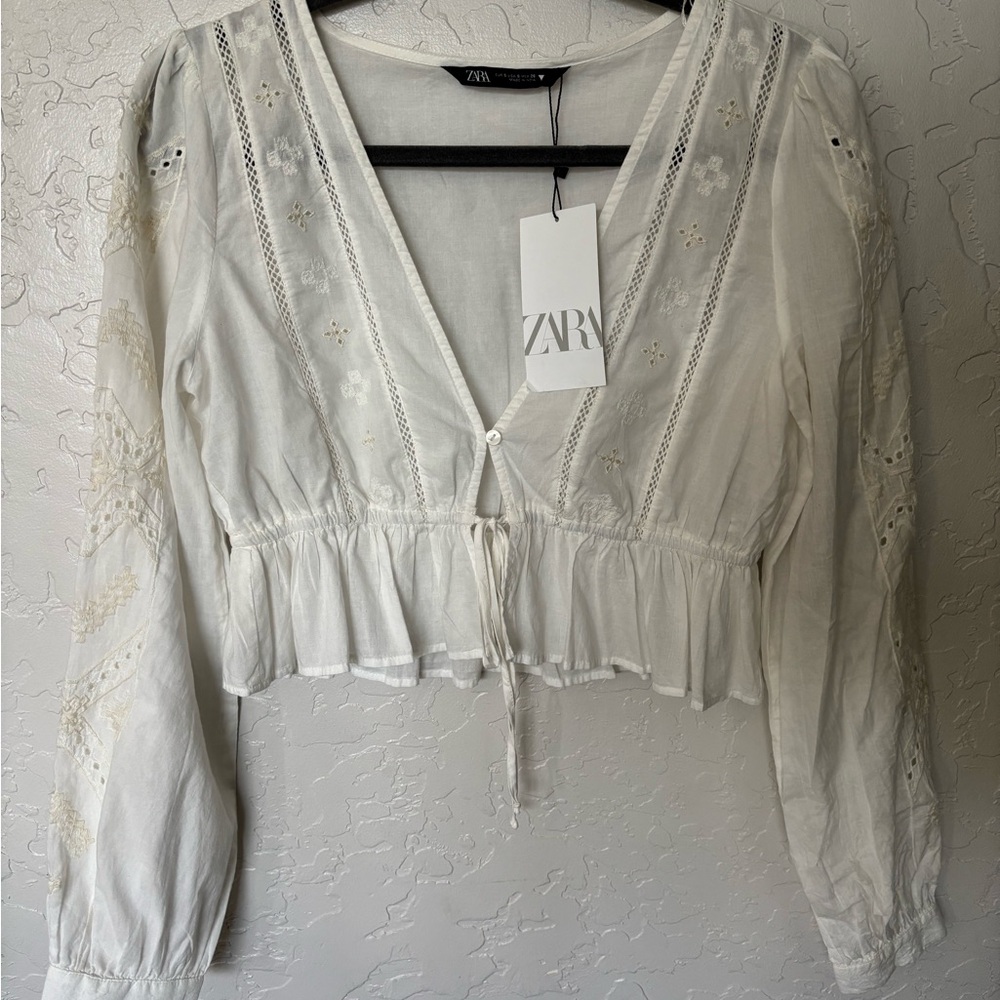 NWT Zara White Long Balloon Sleeve Tie Front Crop Blouse Crochet Lace